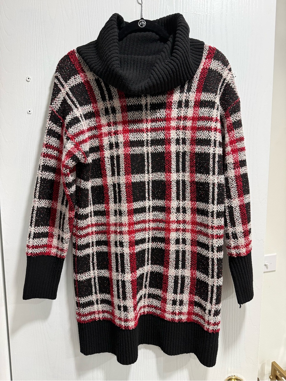 Plaid Knit Cowl Neck Sweater Dress in Black, Red & White
